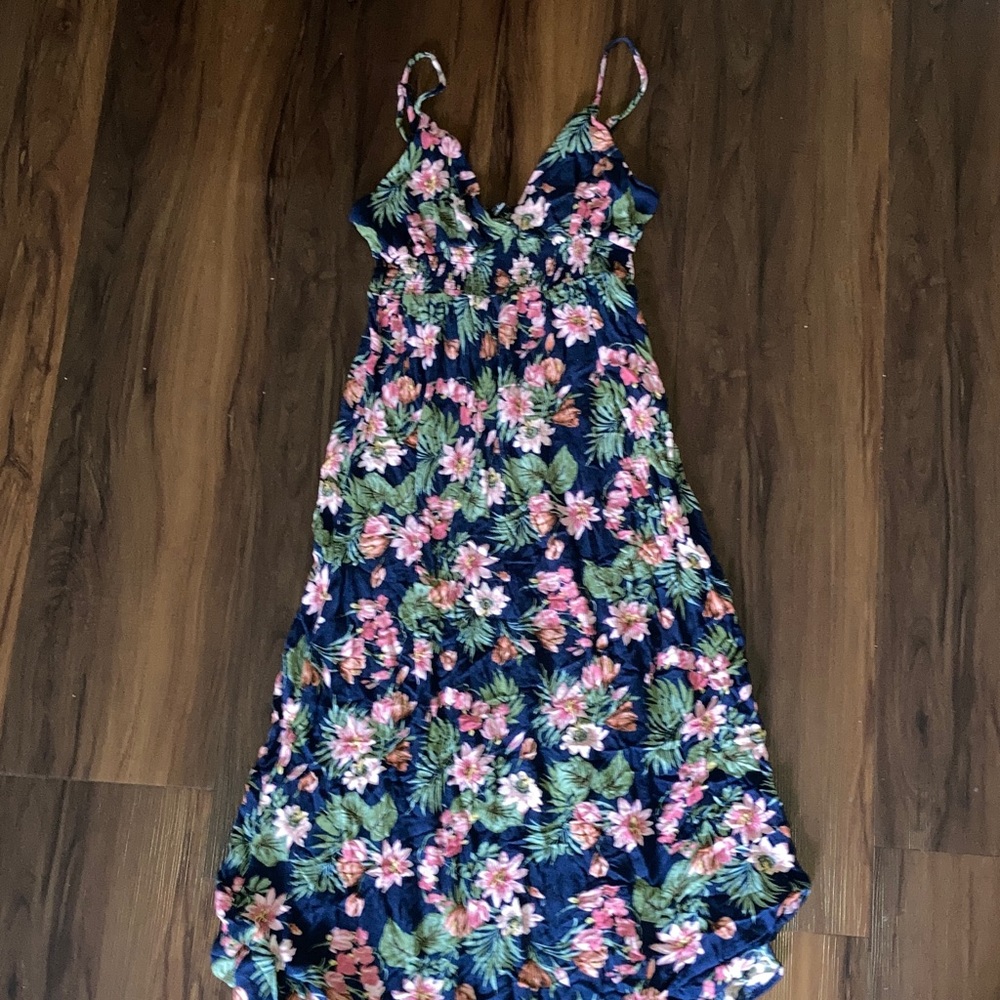 Tropical Floral Navy Maxi Dress with Pink Flowers Bloom Print